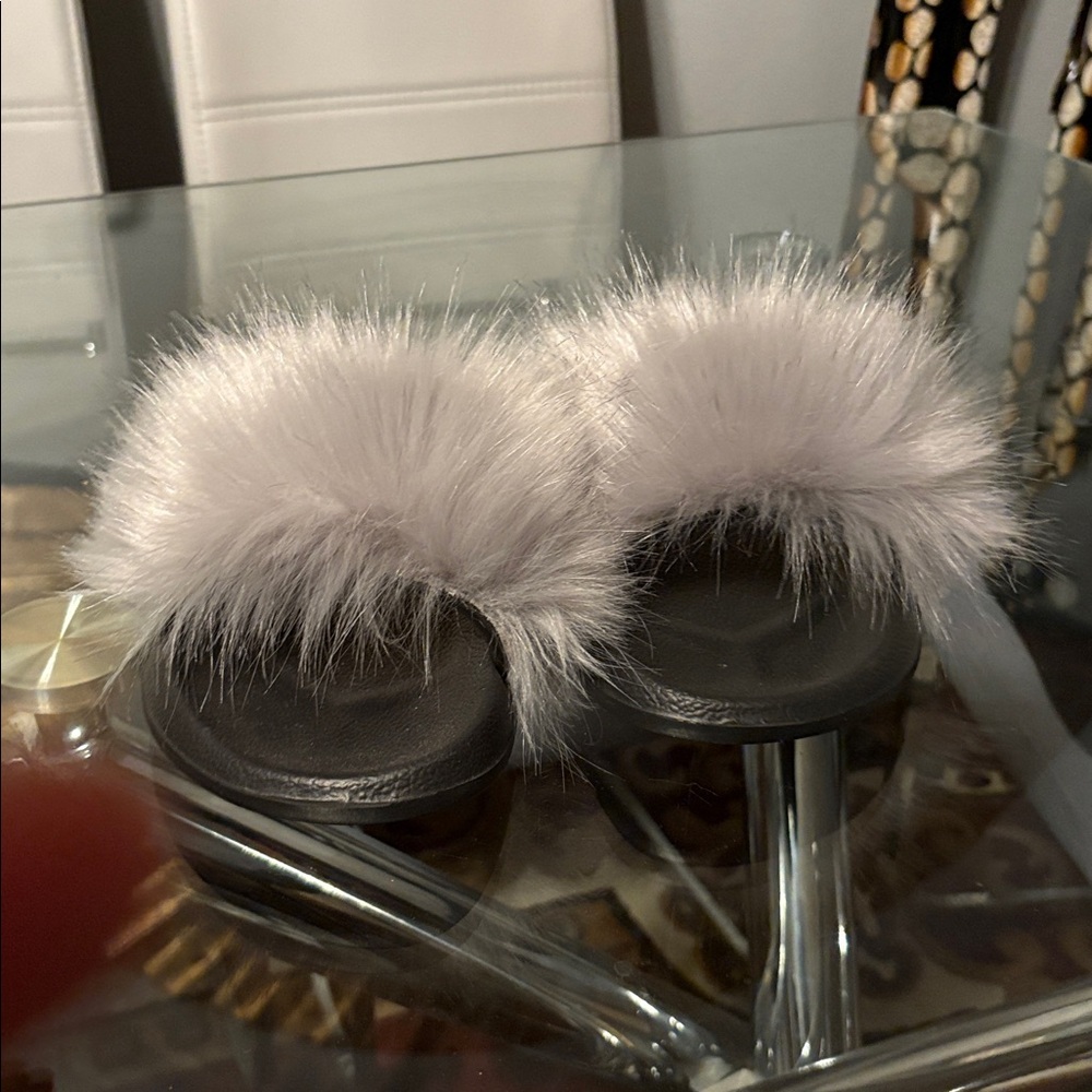 Black Slides with Gray Fur Trim, Size 11 - Picture 2 of 5
